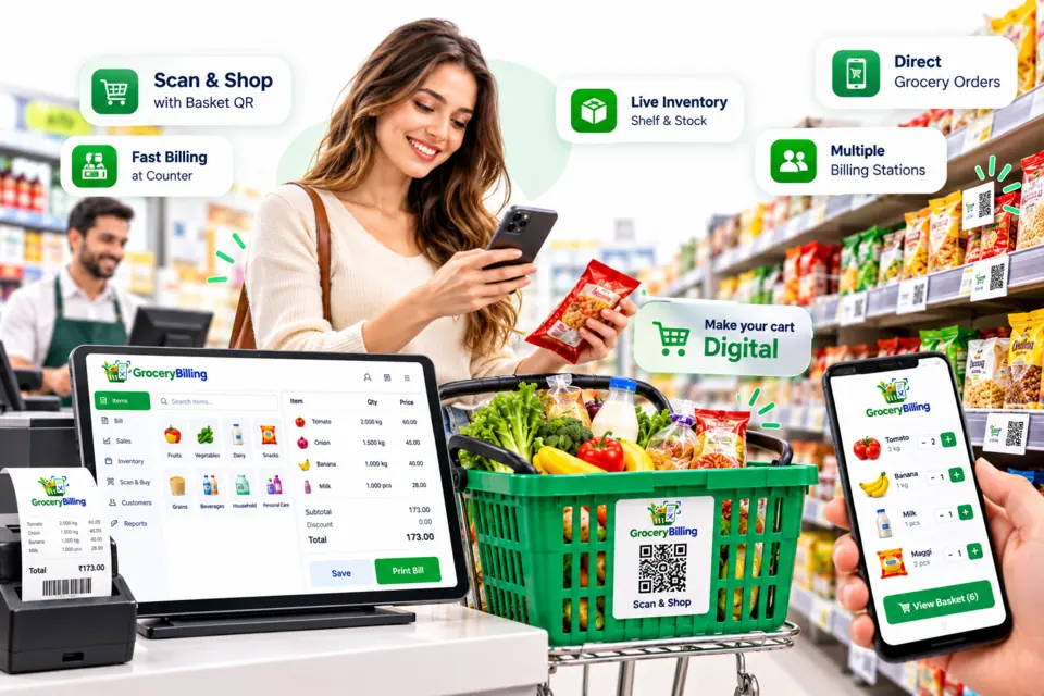 GroceryBilling grocery checkout with Scan & Buy, inventory, direct grocery orders and multiple billing stations